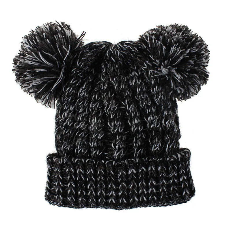 XCQGH детская шапка Зимняя шерстяная шапка твист плетеный милый двойной волос мяч Детская вязаная шапка - Цвет: Black white
