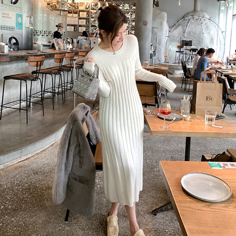 Autumn Winter O-neck Twisted Long Knit Dress Women Casual Loose Thick Sweater Dress Female Knitted Vestidos