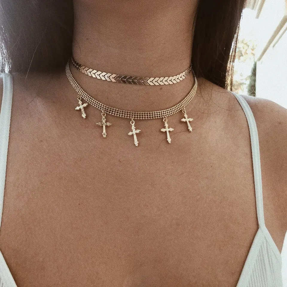Abayabay Choker Necklaces Cross Jewelry Multilayer Zinc Alloy Girl Light Yellow Gold Color Classic Necklace Chain Women Collier