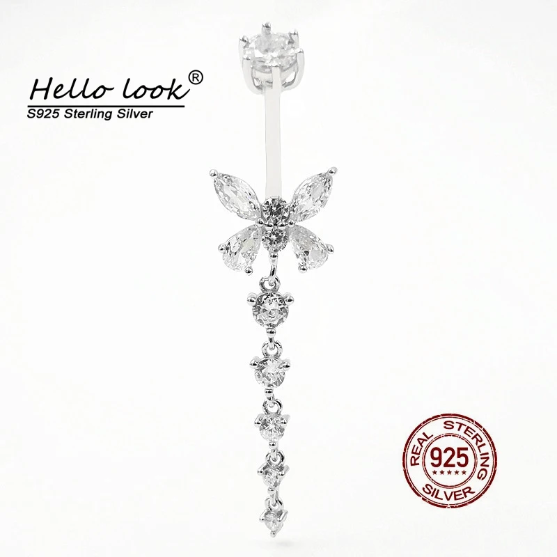 

HelloLook Belly Navel Piercing for Women Pure 925 Sterling Silver Belly Button Ring Sexy Zircon Butterfly Body Piercing Jewelry