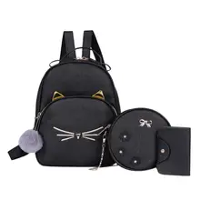3 unids/set mochila de viaje para mujeres adolescentes mochilas de cuero PU mochilas de escuela para niñas gato de dibujos animados bolso de hombro ligero