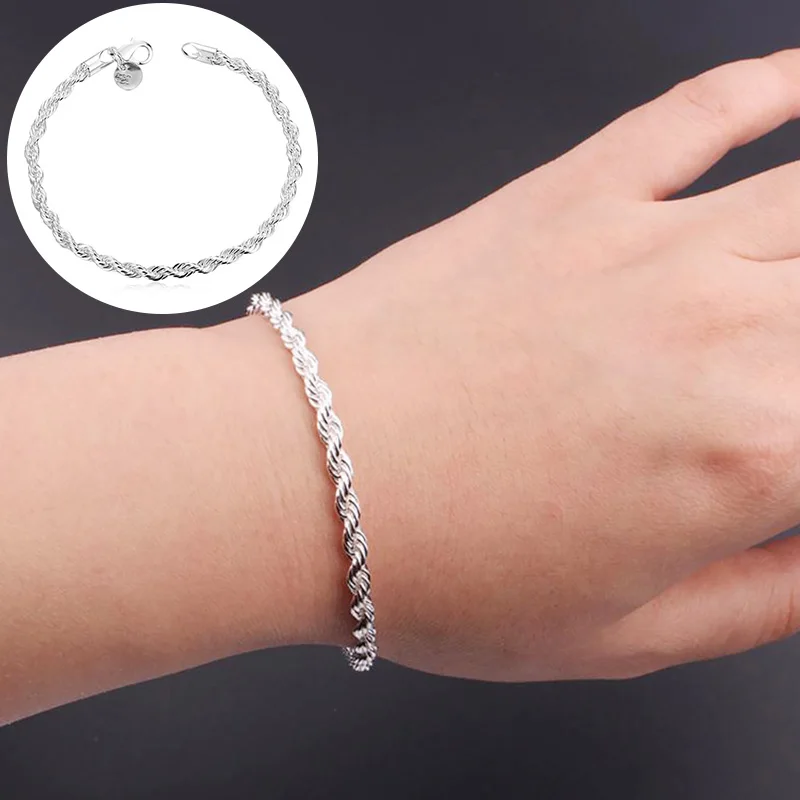 Silver Color Twisted Bracelet Women Men Fashion Solid Wedding Bride Charm Chain Female Elegant