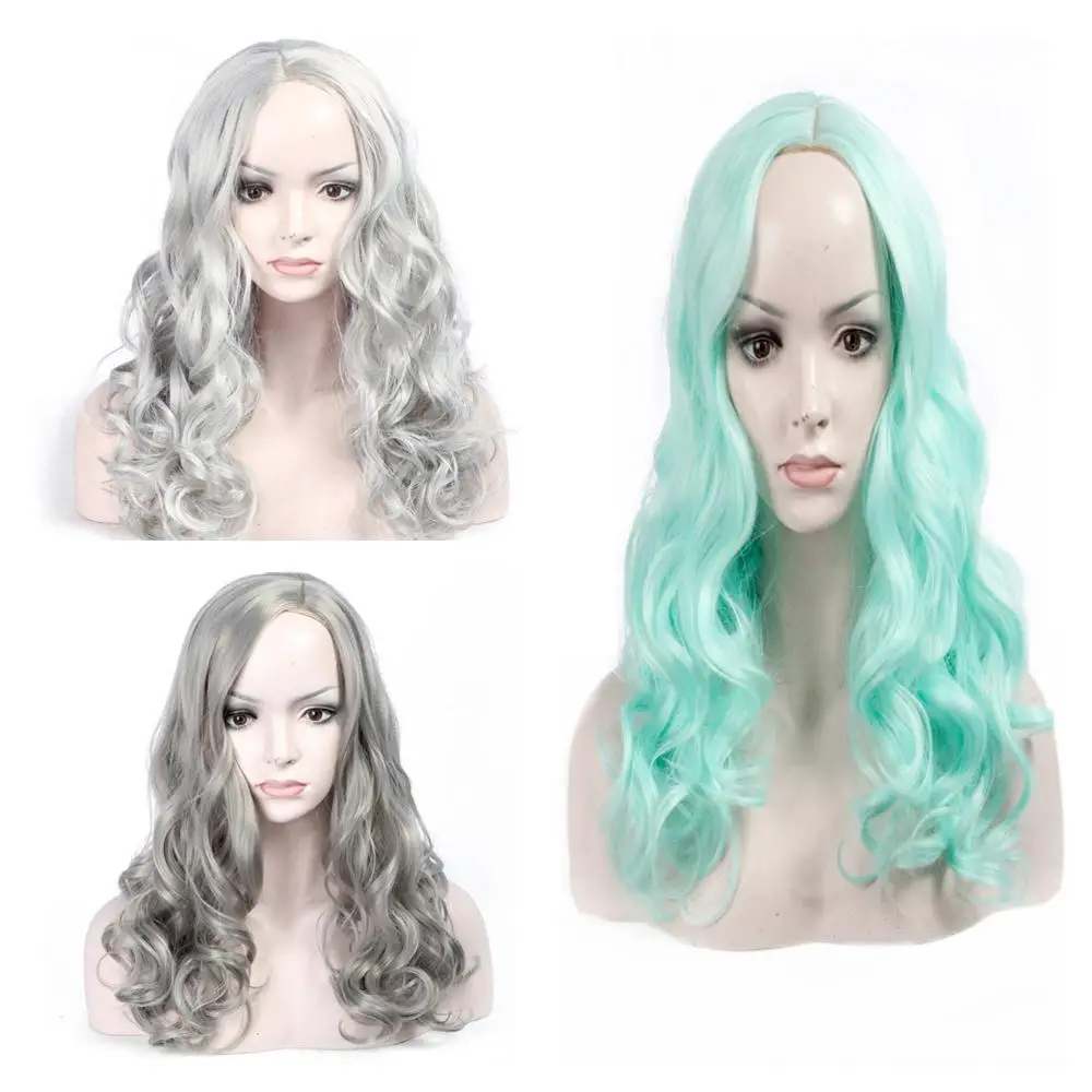 

SHUOHAN 55cm Synthetic Body Wave Wig For Women Gray Green Dimgray Heat Resistant High Temperature Fiber Cosplay Long SX281