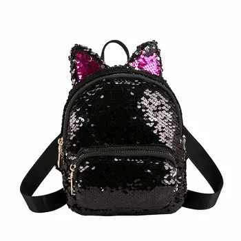 

8PCS / LOT Women Mini Backpack PU Leather Sequin Girls Preppy Style Shoulder Bag Cat Ear Backpacks