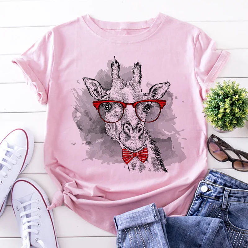 Giraffe Print Pink Woman Tshirts Women's Summer Harajuku Fun Cute Animal Pattern T Shirt Women Tops Casual Short Sleeve T-shirt