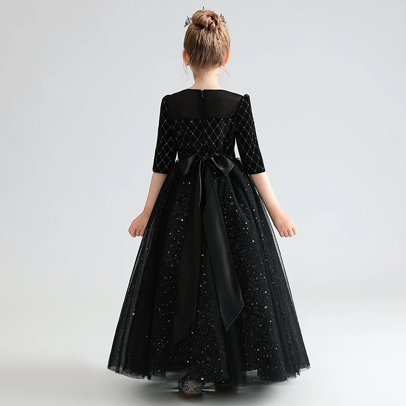 Dideyttawl vestido negro brillante de media manga para niñas, vestido de desfile de pana, vestidos de dama de honor Junior, vestido de flores para niñas, fiesta de cumpleaños