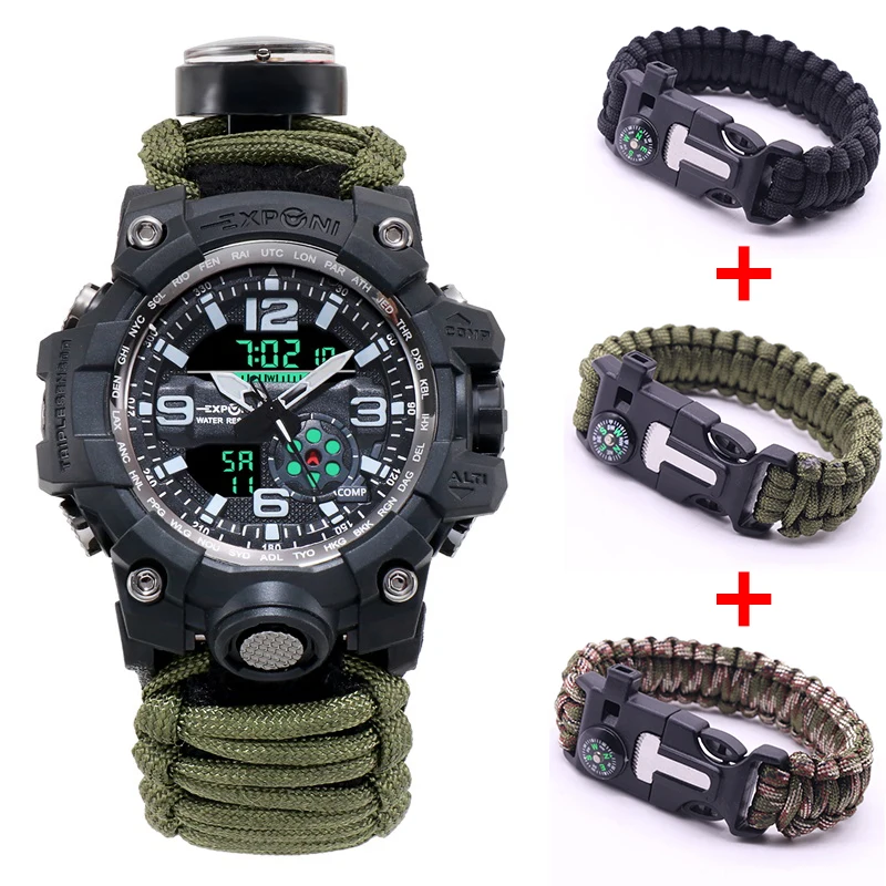 

Army Green Military Watch Outdoors Compass Rope Waterproof Led Digital Quartz WristWatch Male Artificial Nylon Relojes Hombre