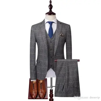 Skup Szare Męskie Garnitury Tweedowe Wełniane Garnitury W Kratkę Regularny Krój Smokingi Dla Pana Młodego Custom Made Plaid Smokingi ślubne Wizytowe