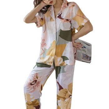 

Women's Pajamas Set Summer Autumn Soft Large Floral Printed Plus Size Loose Short Sleeve Sleepwear Pajama Set ins Homewear