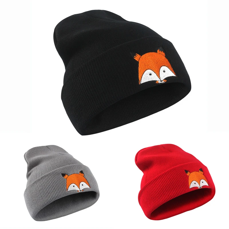 

New 2020 Autumn Winter Outdoor Crochet Women Skullies Hat Fox Embroidery Print Head Cap Lady Knitted Warm Cap Women Beanies Cap