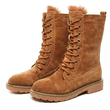 Коричневые зимние ботинки на плоской платформе в стиле милитари женская обувь зимние теплые модные ботинки из свиной кожи на меху с круглым носком на шнуровке женская обувь
