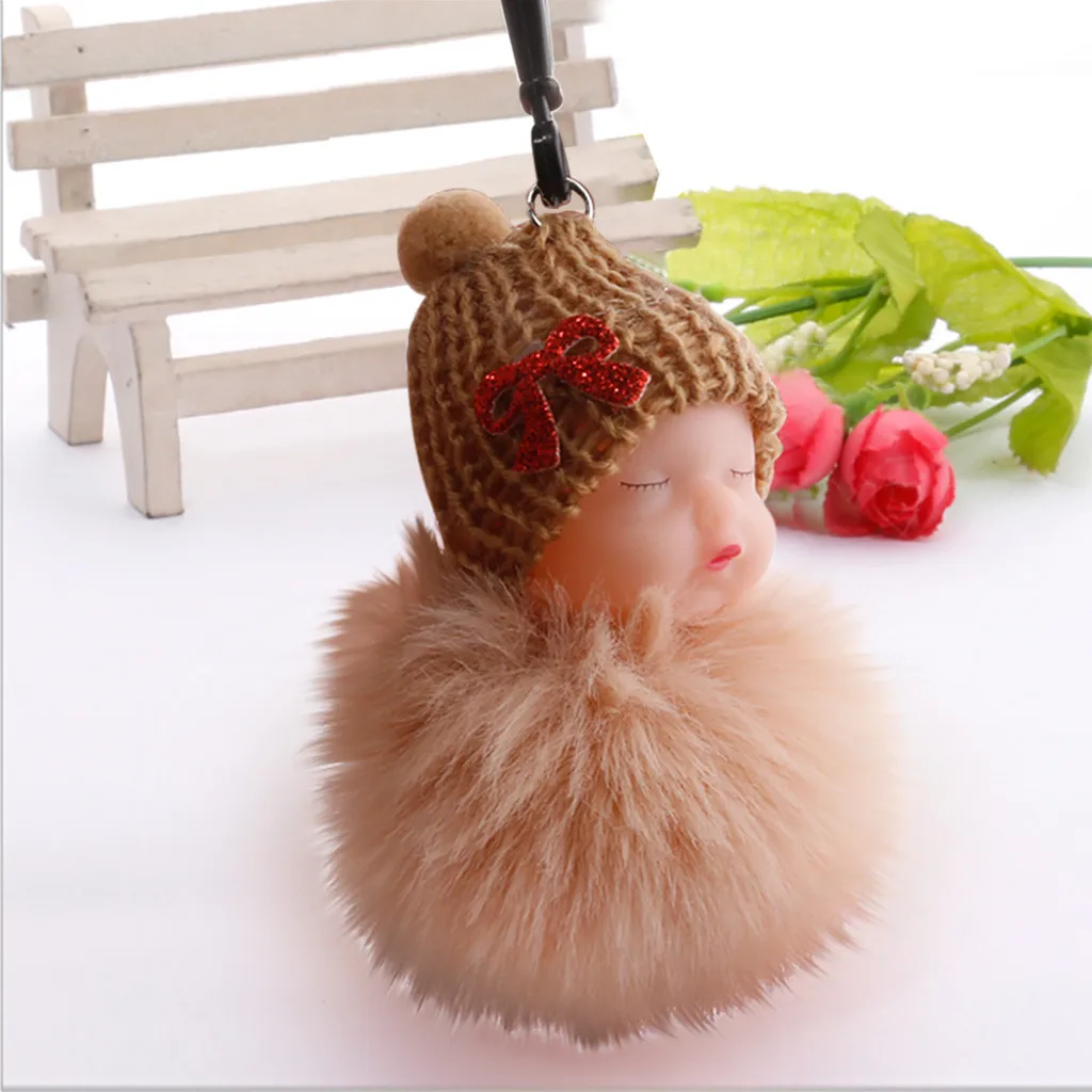 Mini Dolls Toy Cute Sleeping Baby Bowtie Fluffy Pompom Fur Plush Doll Keychain Keyring Key Ring 3