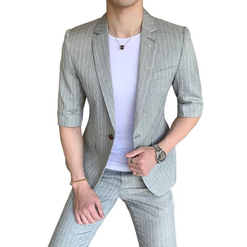 

New Business Casual Summer Suit Suit Male Korean Version Of The Small Size Slim Trend Striped Sleeves Suit Two-piece Suit (top +