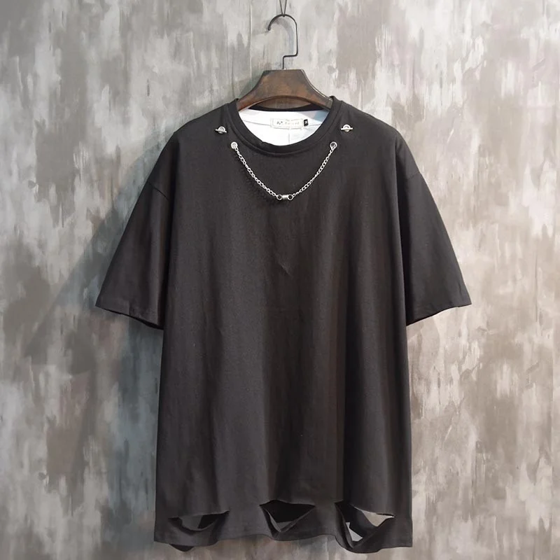 

Мужская Летняя свободная футболка с коротким рукавом, рваный пуловер с дырками, топы, однотонная хлопковая модная футболка с цепочкой