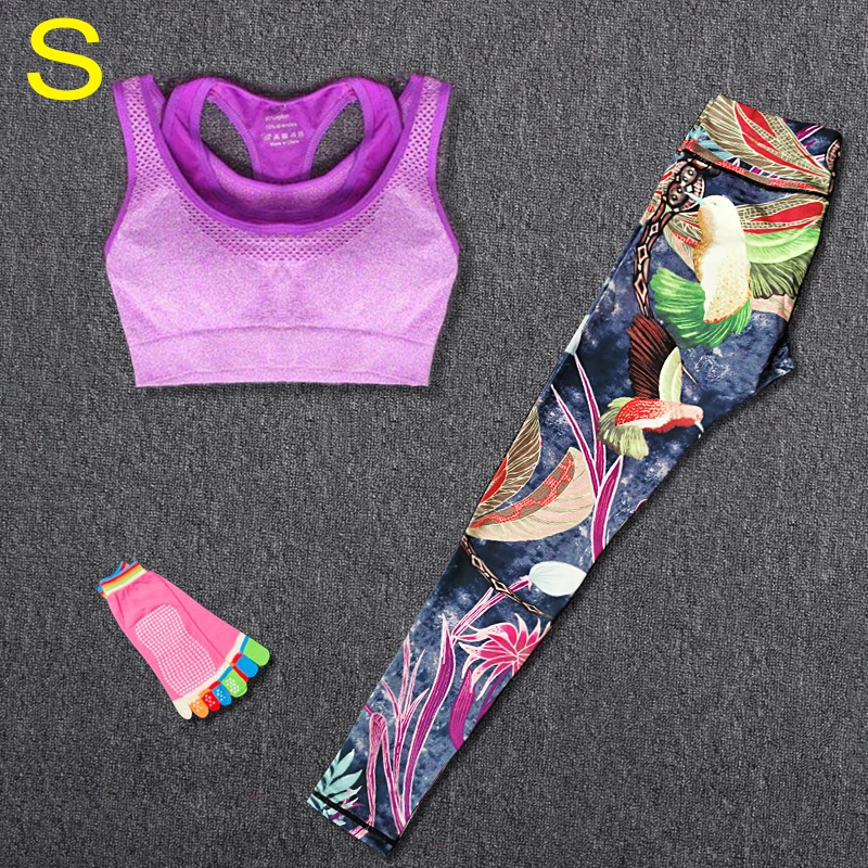 Yoga sets S Для женщин костюм для занятия йогой Фитнес спортивные костюмы Спортивная одежда спортивная 3 шт./компл. костюмы повязка на голову+ топ+ шорты с принтом Штаны Для Йоги Спортивные Леггинсы - Цвет: Yoga sets S
