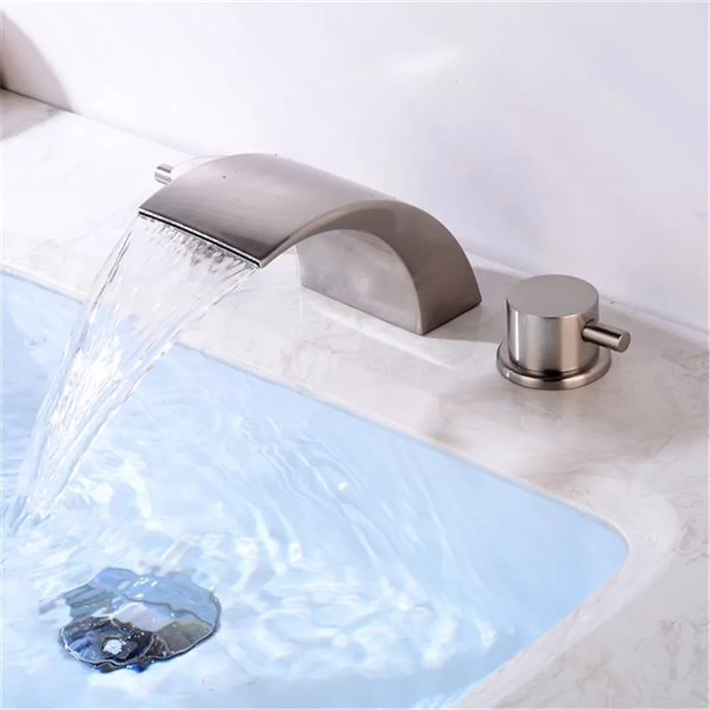 

Freeshipping From US 3 Holes Bathroom Faucet Deck Mount Dual Handles Brushed Brass Vanity Mixer Tap Silver Kitchen Faucet