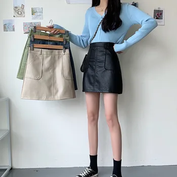 

Womens Leather Skirt Vintage Clothes Wrap Short Skirts Black Harajuku Summer High Waist Streetwear 2020 Elastic The New Fashion