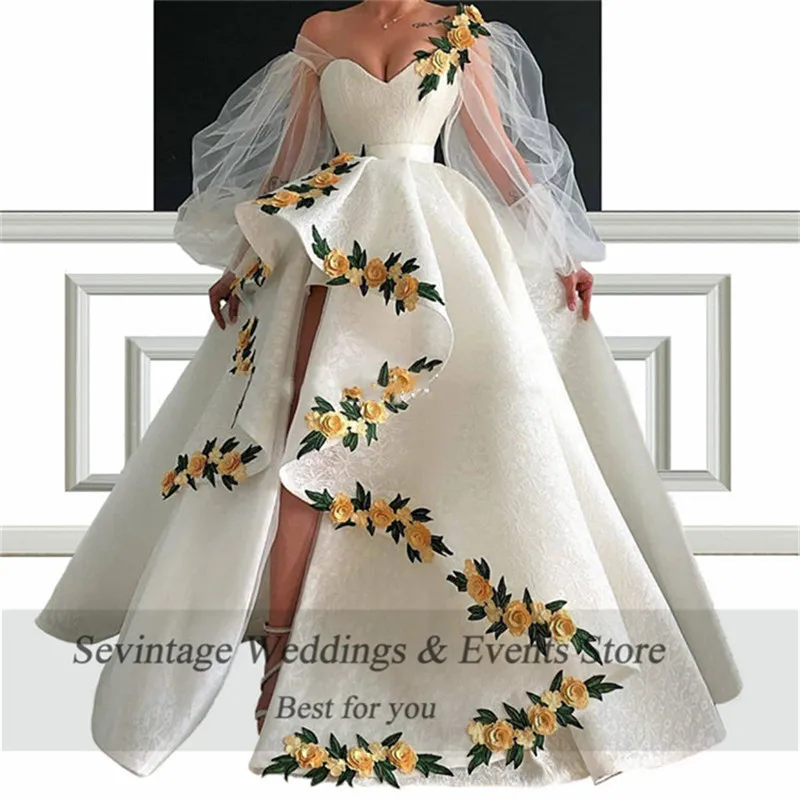 Sevintage Asymmetrical Saudi Arabic Flowers Prom Dresses Off Shoulder Long Puff Sleeves Dubai Lace Evening Gowns Abendkleider