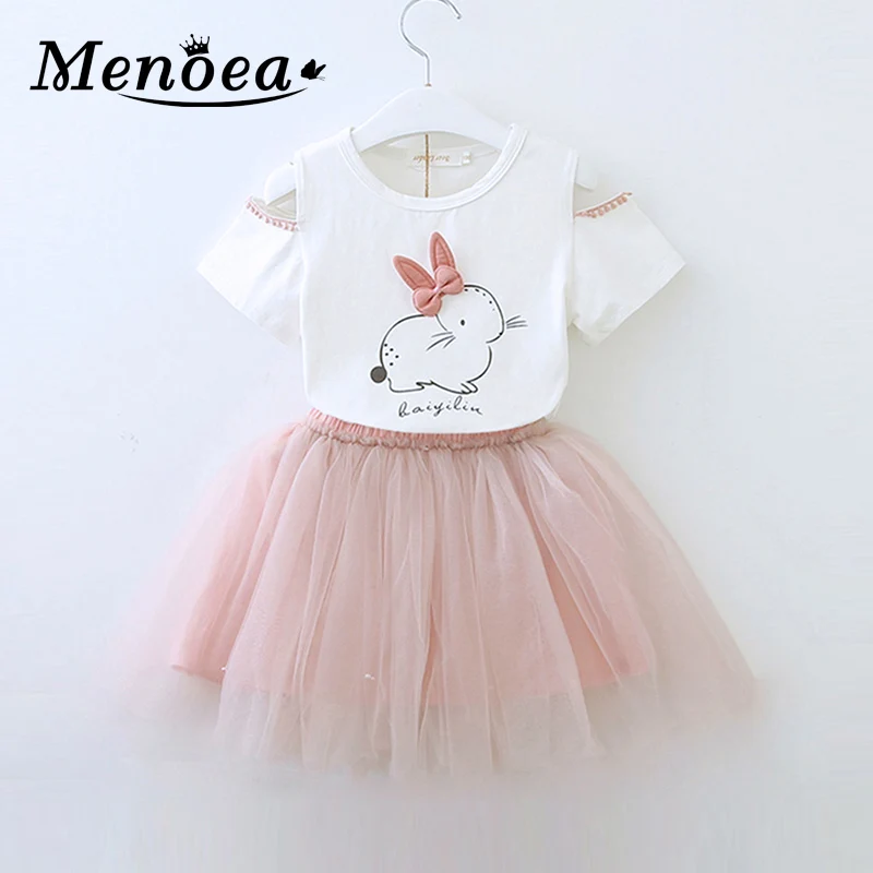 Menoea Baby Girls Dress Summer Kids Clothing Cute Rabbit White Cartoon Short Sleeve T-Shirt +Veil for Clothes | Детская одежда и