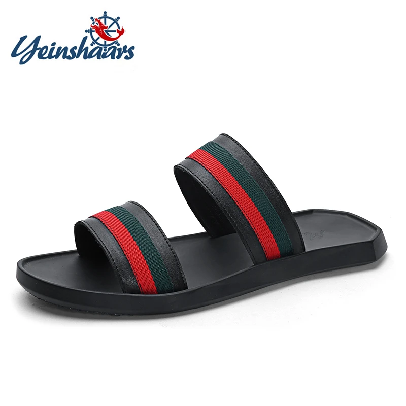

YEINSHAARS Top Quality Men Leather Shoes Flip Flops Anti-slip Mens Striped Comfortable Massage Beach Slippers Sneakers