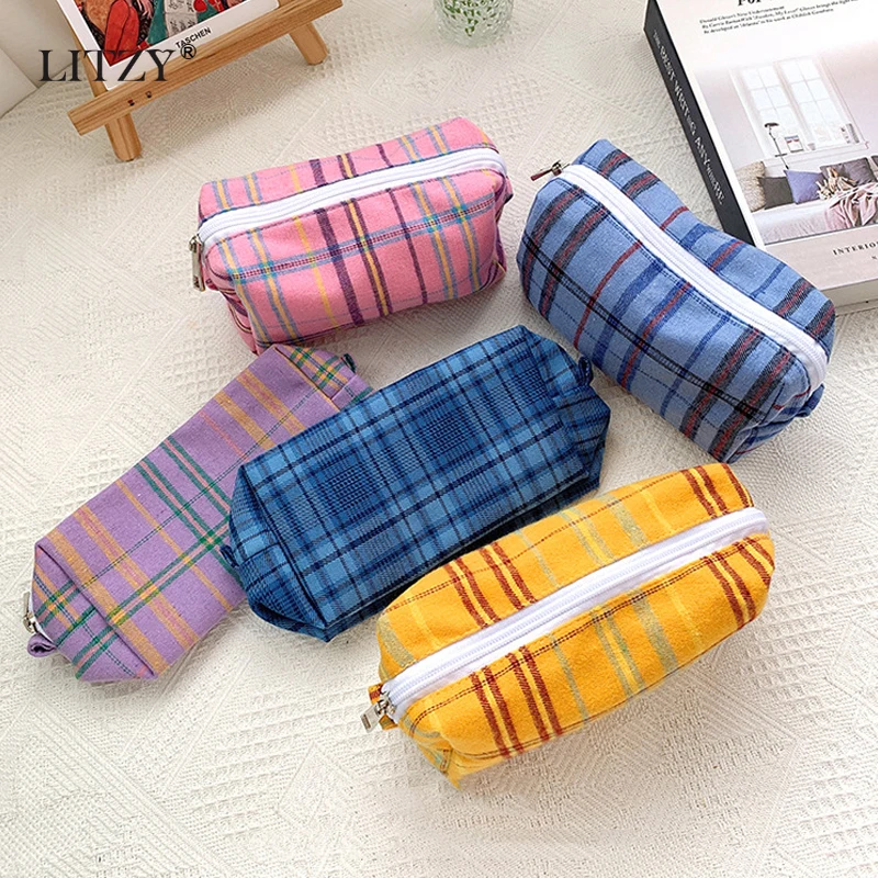 

LITZY Lattice Large Capacity Pencil Case Kawaii Woolen Cloth Pencil Bag for Girls Office School Storage Bag Stationery Supplies