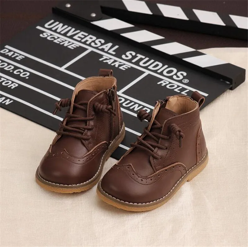 brown plus velvet Weoneit/Новые кожаные ботинки для мальчиков обувь для девочек весенне-осенние детские ботинки из искусственной кожи модные детские ботинки для малышей теплые зимние ботинки - Цвет: brown plus velvet