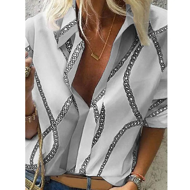 Chain Gray Весенняя женская блузка для отдыха, топы, женские офисные блузки с цепным принтом, женские стильные блузки с длинным рукавом, женские 5XL - Цвет: Chain Gray