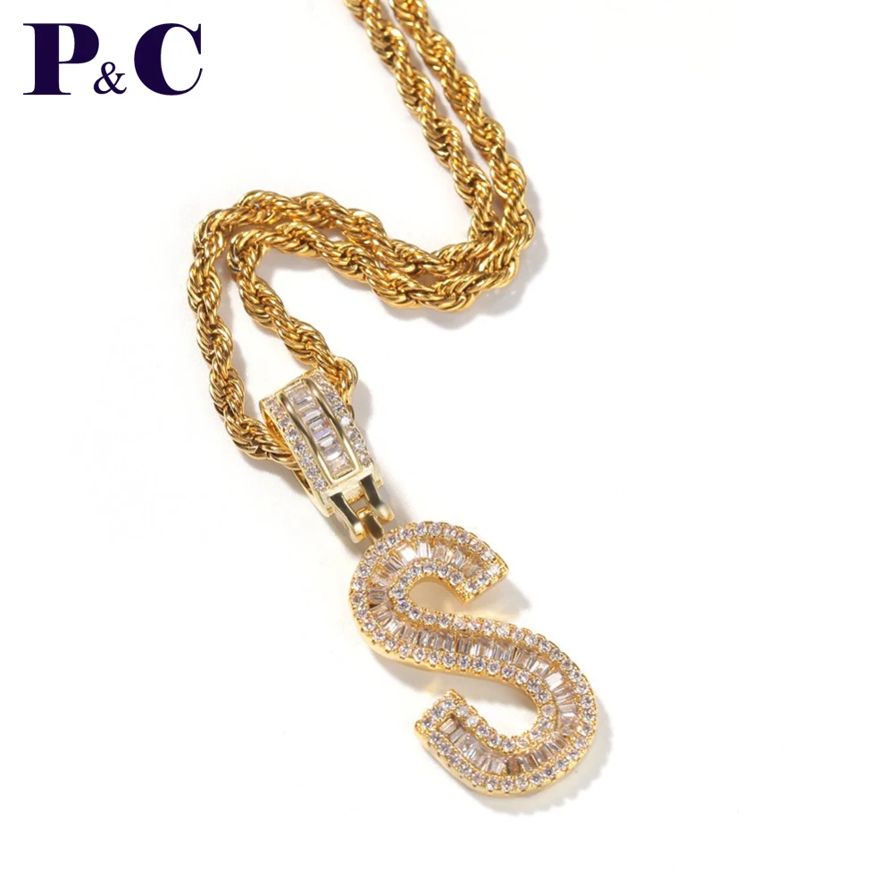 A-Z Gold Baguette Initials Letters Pendant Necklace Fashion Iced Out Cubic Zriconia Men's chain Hip hop Jewelry | Украшения и