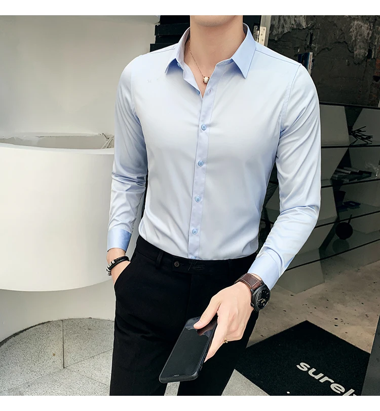 Брендовая Новинка, мужская повседневная Однотонная рубашка с длинным рукавом, приталенная мужская деловая рубашка, брендовая мужская одежда, мягкая удобная
