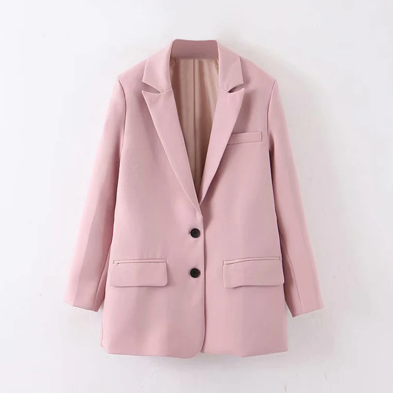 Pink Women Casual Solid Blazers Single Breasted Fashion Jacket Outerwear Autumn Winter Baggy Notched Collar Lady Coat Kurtki Damskie - Цвет: Pink