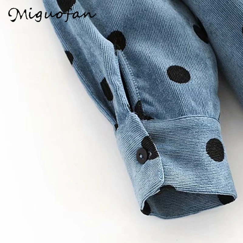 Miguofan, женская блузка в горошек, рубашки, Вельветовая, негабаритная, синяя блузка, на пуговицах, рубашка с длинным рукавом, женские повседневные свободные топы, блузы