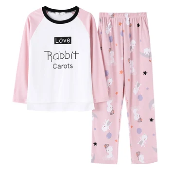 

Big Yards M-XXL Women Pajamas Sets 100% Cotton Nightwear Spring Autumn Long Sleeve Pyjamas Rabbit Sleepwear Female Pijamas Mujer