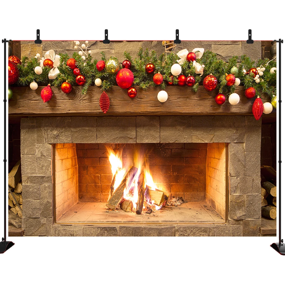 

Christmas Photography Backdrop Fireplace with Christmas Wreath Decoration Vinyl Background Photo Studio Prop