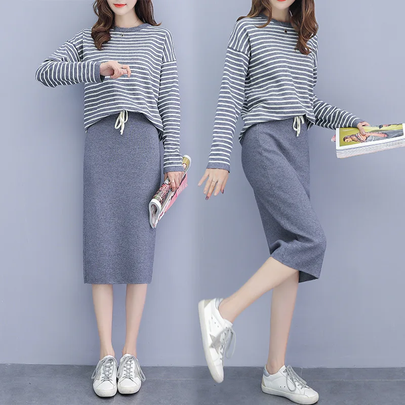 

Knitted Dress Outfit Women's 2019 Autumn And Winter New Style Fashion Graceful Stripes Sweater Skirt Two-Piece Set Slimming West