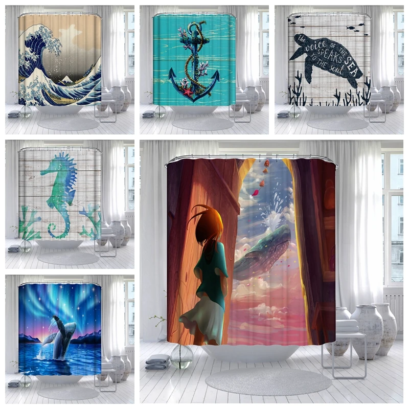 

Grey Sea Turtle Ink Painting Design Fantasy Girl With Flying Dolphin Bathroom Shower Curtain Waterproof Children Bath Curtain