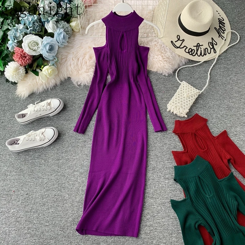 

Gaganight Autumn Winter Women Maxi Dress Knitted Should Off Long Sleeves O Neck Solid Elegant Dress Bodycon Slim Elastic A Line