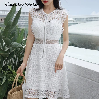 

white solid lace dress female 2020 New summer sleeveless hollow out runway design mini dress woman party bodycon o-neck