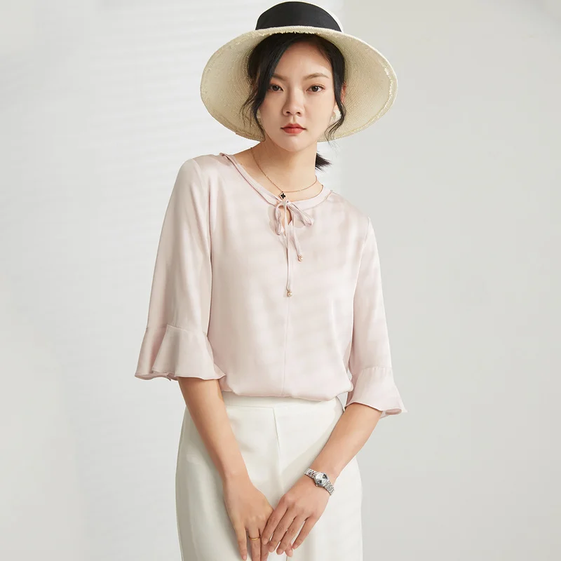 

[New product] Jin Ju spring and summer new style bow tie with flared sleeves silk mulberry silk T-shirt women new product launch