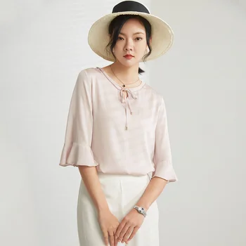

[New product] Jin Ju spring and summer new style bow tie with flared sleeves silk mulberry silk T-shirt women new product launch