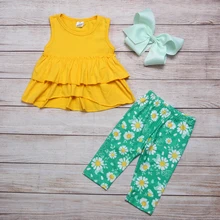 Vêtements d'été pour filles, jupe jaune sans manches et pantalon vert, motifs imprimés de fleurs blanches, tenues pour tout petits