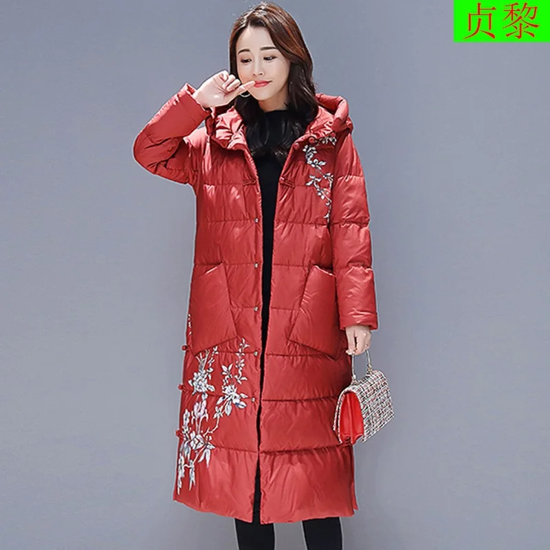 

2018 Winter New Style WOMEN'S Dress Korean-style Winter Retro Chinese-style Printed Mid-length over-the-Knee down Feather Cotton