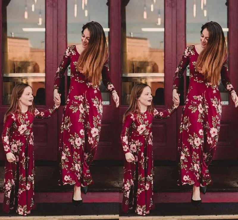 

Pudcoco Elegant Mother Daughter Family Matching Dress Mommy and Me Floral Long Sleeve Maxi Dresses Outfit