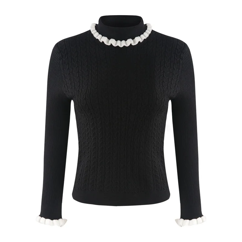 

Spring Autumn Fashion Cute Slim Contrast Color Thin Fabric Long Sleeve SML XL Black Lady Pullovers Woman Casual Knitwear