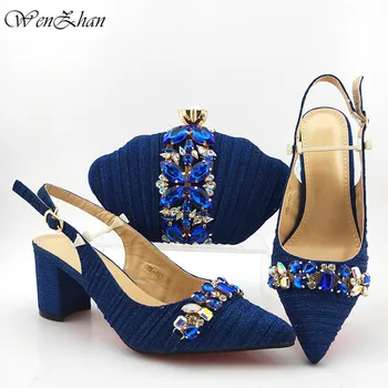 

Nigerian Shoes with Matching Bag for Woman Pointed Toe Shoes and Purse Party Set High Quality with Crystal 38-42 WENZHAN B02-19