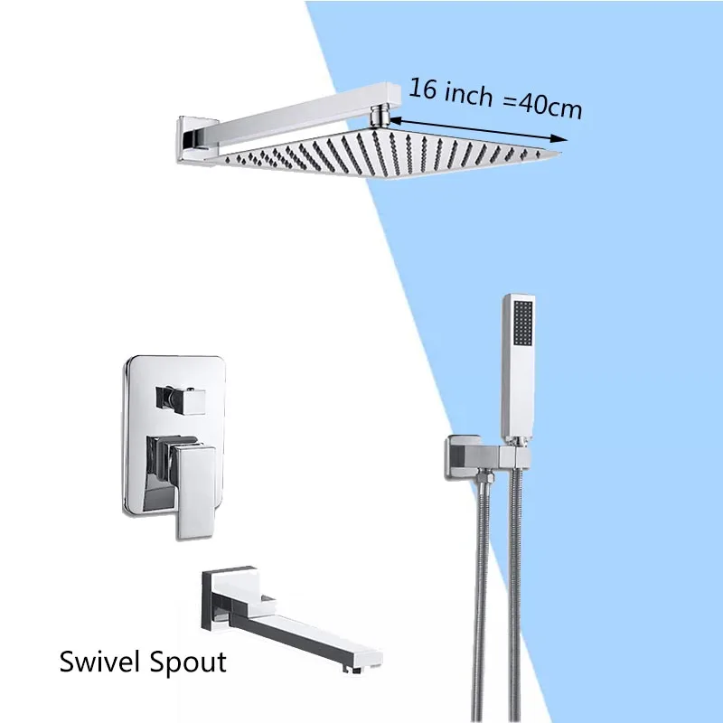 Swivel 16 inch Хромированный смеситель для душа для ванной комнаты 3-Ways Настенный 8 10 12 16 ''дождевая душевая головка латунная Ванна Носик Смеситель для горячей и холодной воды - Цвет: Swivel 16 inch