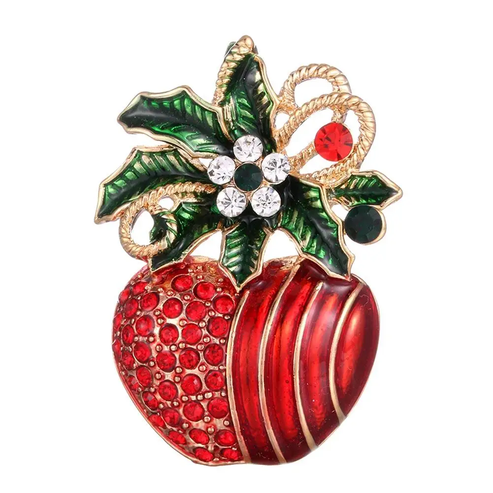 

Christmas Decor Brooch Pin Unisex Rhinestone Inlaid Enamel Apple Shape Brooch Pin Clip Xmas Gift Brooch Pin Clothes Scarf Decor