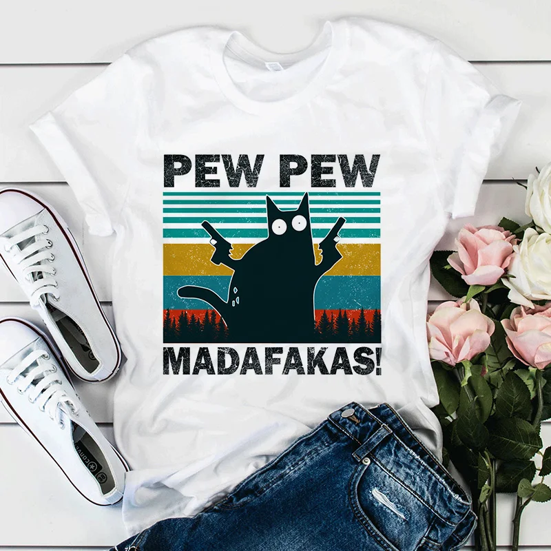 Забавная женская футболка Pew Madafakas с черным котом гангстером и пистолетом Ретро