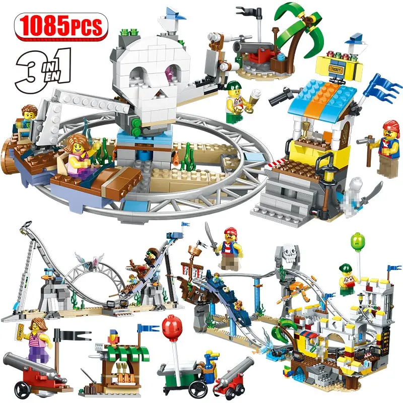

1085Pcs Creator City Roller Coaster Blocks Legoingly Pirates Figures Building City DIY Blocks Kids Education Toys For Children