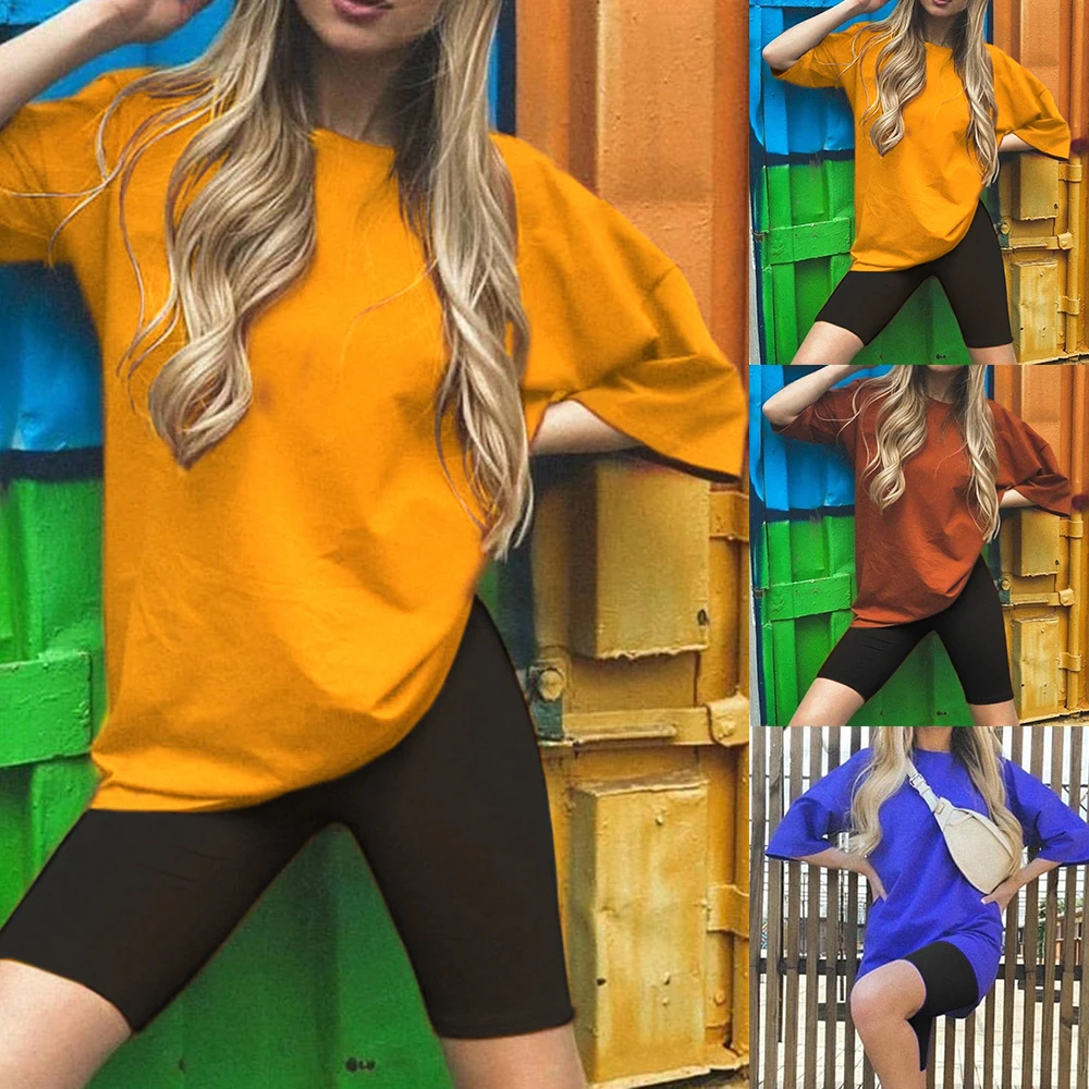 Women's Two-piece T shirt and Bike Shorts Set Loose Home Wear Fashion Sports Suit Ladies O Neck Short Sleeve Top Shirt Outfit