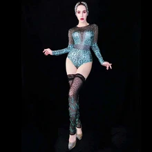 Блестящие Синие стразы, боди, леггинсы, женская певица, вечерняя одежда для танцев, выпускной, сценический бар, день рождения, празднование сцены, наряд 3061